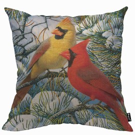 Mugod Funny Red Cardinal Bird Art Cushion Cover Throw Pillow Covers Standing on Green Tree Pillow Case for Men Women Decorative Home Sofa Chair Couch 45x45cm/18x18 Inch