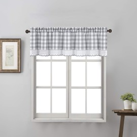 Decotex 1 Piece Buffalo Check Plaid Gingham Crochet Lace Trimmed Rod Pocket Window Curtain Valance (58" X 14", Silver/White)