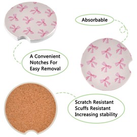 Burbuja Pink Bow Car Coasters for Cup Holder 2 Pack, Absorbent Ceramic Car Cup Holder Coasters with Finger Notch, Cute Car Assecories for Women