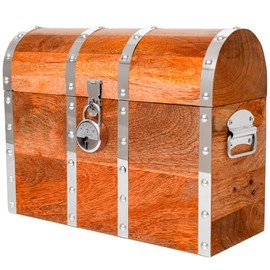 Vizayo Handmade Pirate Treasure Chest with Lock and Keys - 16 x 12 Inch Vintage Wooden Storage Trunk with Hinged Lid - Antique Storage Decorative Box Made of Durable and Strong Mango Wood (Orange)