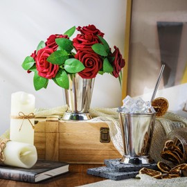 Zhehao 39 Pcs Mint Julep Cups with Artificial Foam Rose 12oz Stainless Steel Horse Racing Cups Mint Julep Glasses Beaded Trim Border for Derby Party Wedding Table Centerpiece Barware Set (Sliver)