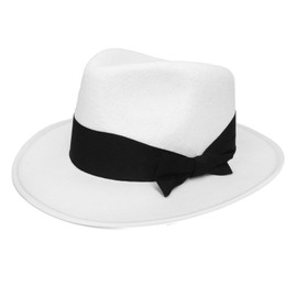 X1 ADULTS WHITE TRILBY HAT FANCY DRESS ACCESSORY - WHITE GANGSTER HAT WITH BLACK BOW