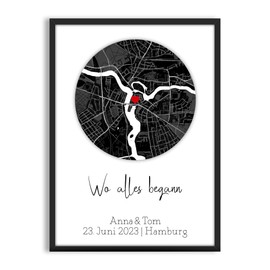 Wo Alles Begann Bild personalisierbar mit Landkarte und Koordinaten | schwarz weiss | optional mit Rahmen | Geschenk für Partner oder Verlobungsgeschenk | 1. Erstes gemeinsames Date (Schwarz)