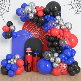 Amandir - Kit de guirnalda de arco de globos de 153 piezas en negro, rojo y azul, diferentes tamaños de 18, 12, 10, 5 pulgadas, globos rojos, azules y plateados de araña para niños, decoración de
