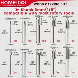 10PCS Wood Carving Drill Bits Set, HOMEIDOL 1/8" Shank Wood Carving Tools Compatible with Dremel Tool Accessories, Engraving Drill Bit Set for DIY Carving Grinding Drilling Micro Sculpture