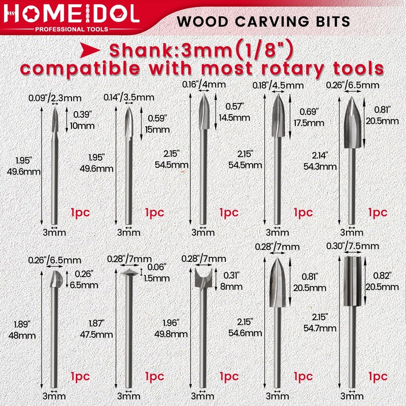 10PCS Wood Carving Drill Bits Set, HOMEIDOL 1/8" Shank Wood
