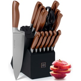 Styled Settings 14-Piece Knife Set with Block & Built-In Sharpener – Ultra-Sharp Full Tang Kitchen Knives – Premium Cooking & Prep Essentials, Copper Handle, Silver Blade & Black Block