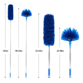 ZZ LAZYCOTTAGE Cobweb Duster with Extension Pole, Washable Cleaning Duster Kit with 2 Duster Heads, Cobweb Duster, Corner Brush, 15-100 Inch Long Aluminum Telescoping Pole for Ceiling Fan (Blue)