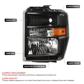 DNA MOTORING Headlamps Headlight Assembly Compatible With Ford E150 E250 08-14 / E350SD E350SD 08-21 / F650 F750 16-21, Pair, with Harness Adapters, Black/Amber, HL-OH-ESD08-BK-AM