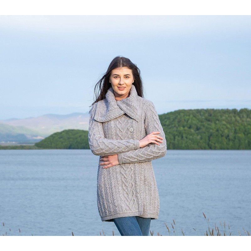 SAOL 100% Irish Merino Wool Women Classic Cable Coat (Grey,