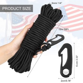 JUNRU Flag Rope 50 Feet Pole Halyard and Clips Kit 4 Pieces Nylon Hook Snap Hooks, for Flagpoles up to 25 Feet, Tie Pull Swing Climb Knot (15m, Black)