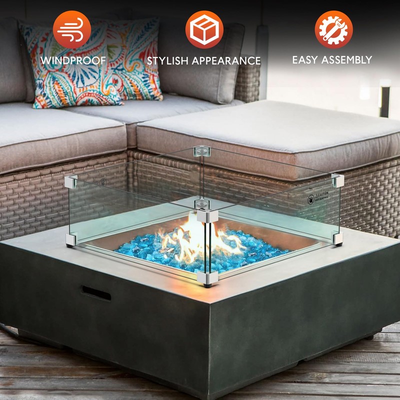 Skyflame 24 x 24 Inches Square Fire Pit Glass Wind