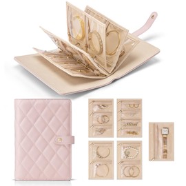 SYYHSYAL Travel Jewelry Organizer Case, Jewelry Storage Book Ring Binder with Clear Zipper Velvet Jewelry Pouches Bags for Rings,Necklace,Earrings,Valentines Day Gifts for Her (Pink)