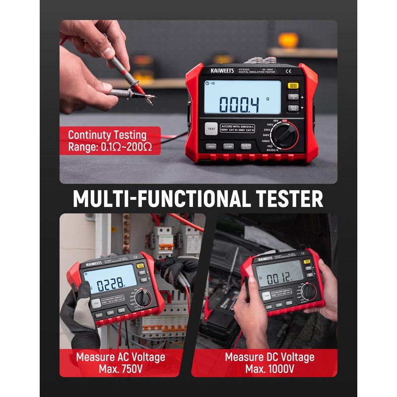 KAIWEETS HT5203 Megohmmeter, Insulation Resistance Tester, Up to 100GΩ, 50V/100V/250V/500V/1000V,