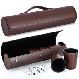 ImnBest 2 Set Leather Dice Cup Set, 10x Leather Dice Cups + 50 Dice + Exclusive Storage and Transport Case Made of Faux Leather with Magnetic Closure.. (2 Pack Brown)