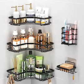 Rustproof Corner Shower Caddy Hanging, Multifunction Wall Mounted Bathroom Shelves, Shower Organizer No Drilling Triangular Corner Shower Storage, Black Rack with Soap, Brush, Shampoo Holder