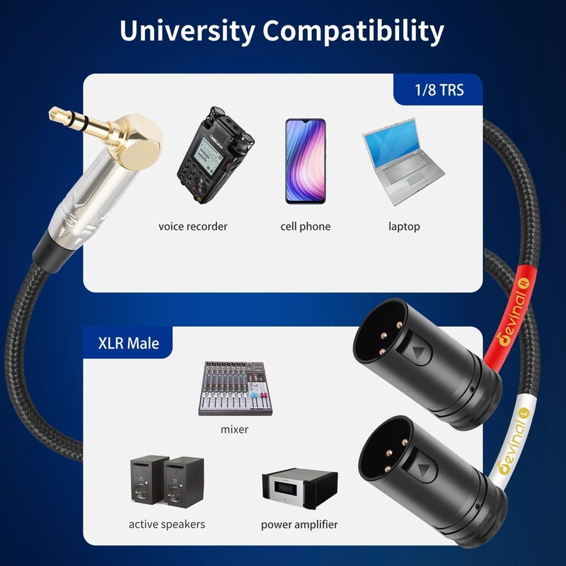 Devinal Right-Angle 1/8" inch to Dual Rotatable Right-Angle XLR Cable,