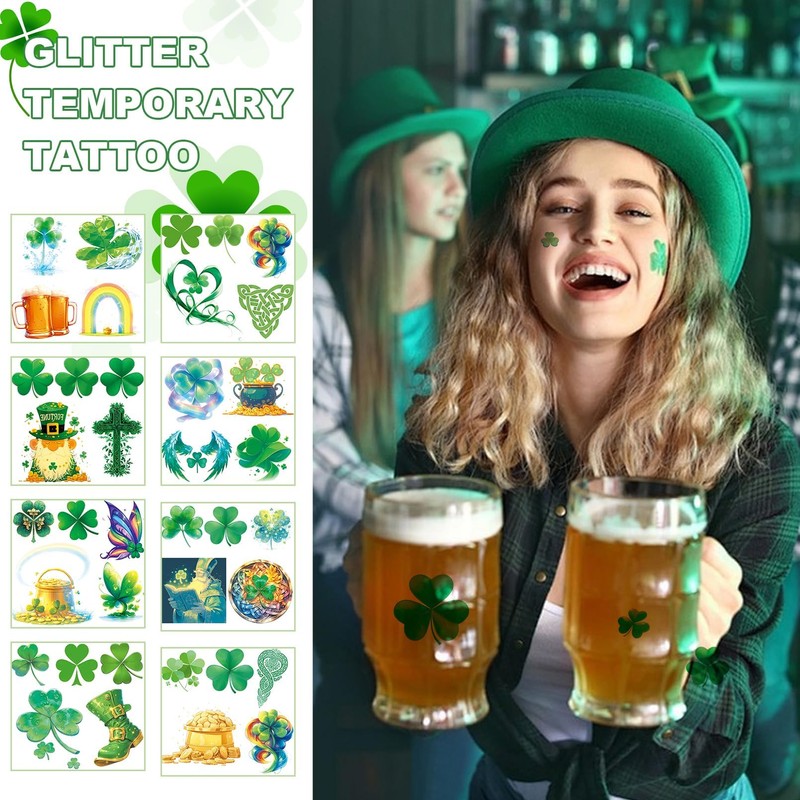 VERKSTAD 24 Sheets St. Patrick's Day Temporary Tattoos, Glitter Shamrock