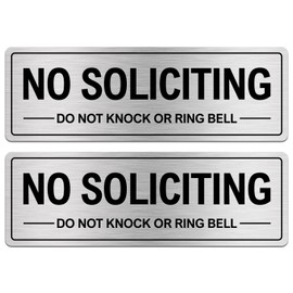 No Soliciting Sign, 9"x3" Self-adhesive No Solitation Do Not Knock or Ring Bell Sign - Brushed Aluminum, UV Resistant, Waterproof Signs for House, Home, Office, Door - 2 Pack