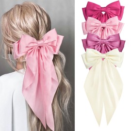 MIKONIKO MIKONIKO Silky Satin Hair Bows for Women Girls - 4PCS Ribbon Bows for Hair, Big Bow Hair Clips with Long Tail, Barrettes - Cute Hair Accessories Gifts (Hot Pink, Light Pink, Royal Pink, Beige)
