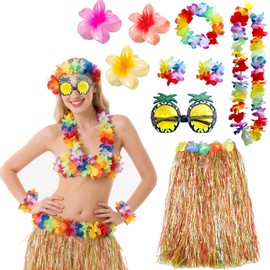Moerstar Hawaiian Grass Skirt, Hawaiian Hula Skirt with Garland, Flower Headband Necklace Wristband Hair Clips Pineapple Glasses, Fancy Dress for Beach Party Accessories (Colorful)