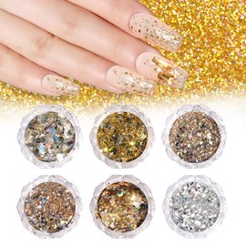 6 Boxes Holographic Nail Art Sequins Glitter Kits, CYHYII Nail Glitter Metallic Sequins Acrylic Dust Sequins Ultra-Thin Nail Art Sequins Sticker for Nail Design Nail Art Tips Decoration