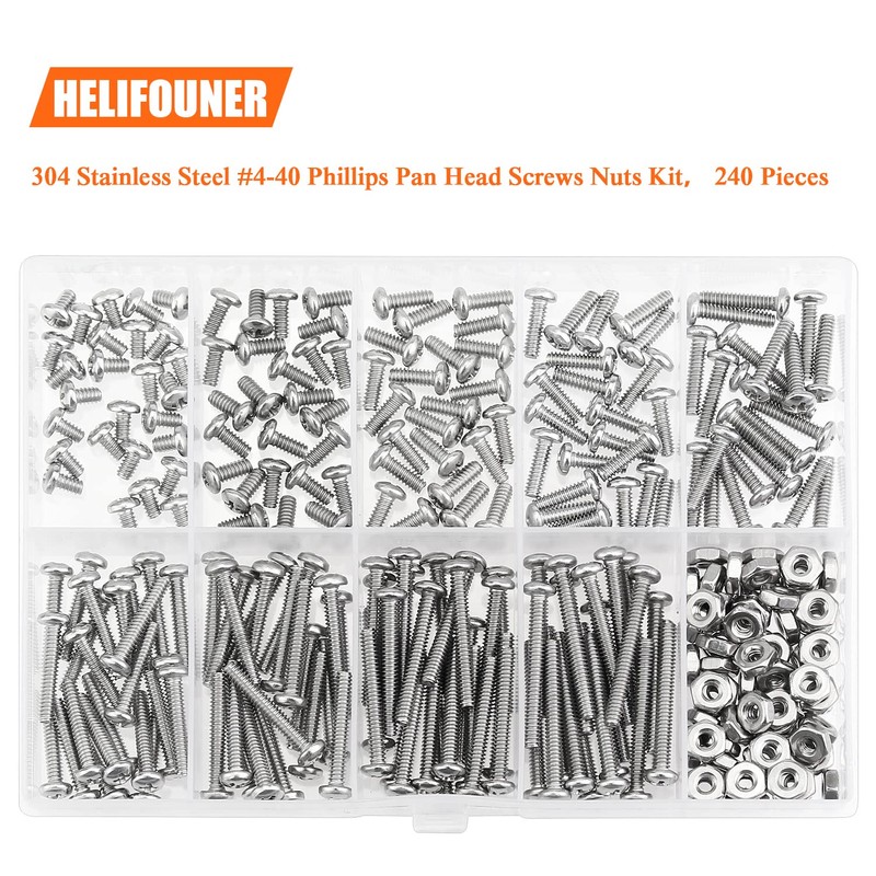 HELIFOUNER 240 Pieces #4-40 Phillips Pan Head Machine Screws Nuts