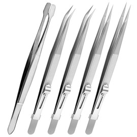 SPEEDWOX 5pcs Diamond Jewelers Tweezers Holder Pick Up Tool Precision Tweezers Stainless Steel Pointed Tip Tweezers with Slide Locking and Gem Slot for jewelry making Straight, Bend and Flat Tip
