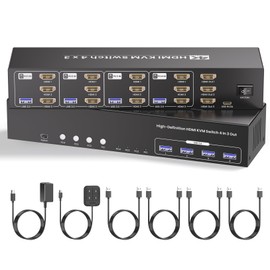 USB 3.0 Three Monitor HDMI KVM Switch, 4K60Hz 4 Port HDMI KVM Switch 3 Monitors 4 Computers, 4 PC Share 1 Set of Keyboard, Mouse, 3 Monitors and 4 USB 3.0 Ports