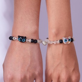 2Pcs Couple Friendship Bracelets Cute Cartoon Cat Animal Heart Matching Bracelets Butterfly Moon Matching Bracelets Vintage Crucifix Bracelet Colorful Beaded Elastic Bracelet for Women Men Best Friends Trendy Jewelry (blue cat)
