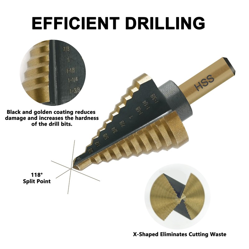 GMTOOLS Step Drill Bit Set - Black and Gold, 6