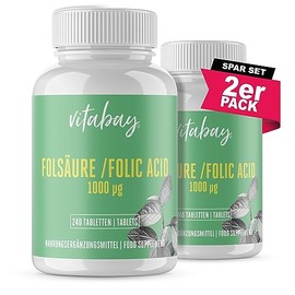 Vitabay Folic Acid Tablets High Dose 1000 mcg (Vitamin B9) - 480 Vegan Tablets Set of 2 - Folic Acid Desire Pregnancy Vitamins - for Men - High Bioavailability - Laboratory Tested