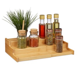 Relaxdays, Natural Bamboo Spice Rack, 3 Levels, Extendable, Natural Look, Spice Stairs Worktop, H x D x D: 9 x 38 x 22 cm