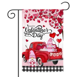 Valentines Day Garden Flag 12×18 Inch Double Sided Red Truck and Gnome Love Flag for Outside Outdoor House Decoration
