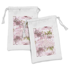 Ambesonne Flower Fabric Pouch Set of 2, Tender Pastel Pink Tones Floral Branch on Rippling Water with Reflection, Small Drawstring Bag for Toiletries Masks and Favors, 9" x 6", Pale Pink Fern Green