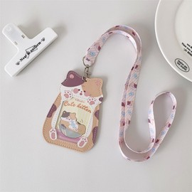 Cute Badge Holder Lanyard Cartoon Cat ID Card Holder Kawaii ID Badge Keys Lanyard Strap Neck Lanyard PU Leather Badge Holder for Women Girls Boys (Cat-1)