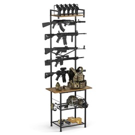 Indoor Gun Racks, Floor Standing Rifle Rack with Pistol Holder Metal Frame Wooden Shotgun Racks with Foot Padding, Gun Display Rack Holds up 5 Long Guns and 5 Handguns for Home Garage Gun Storage