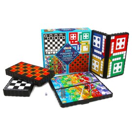 abeec 4 Mini Magnetic Games – 4 x Travel Games Includes Chess Set, Snakes And Ladders, Ludo Game Board & Draughts Board Game – Plane Activities For Kids - Travel & Pocket Games - Mini Travel Games