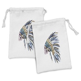 Lunarable Watercolor Fabric Pouch Set of 2, Skull Native Hat Indigenous Cultures Circle of Life Death, Small Drawstring Bag for Toiletries Masks and Favors, 9" x 6", Multicolor