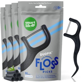 SmartLifeco Biodegradable* Dual Thread Dental Floss Picks - Charcoal Thread Flossers for Adults, All Natural Teeth Whitening, Eco Friendly Handle, Toothpick Stick Soft on Gums, Zero Waste Vegan, 200x