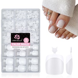 UNA GELLA French Press On Toenails Milky White With White Tip Square Round, 15 Sizes Pre-Etched Squavol Toenail Press Ons for Women, 150PCS Toenail Extension for Home DIY Salon Pedicure Summer Gift