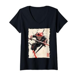 Womens Frog Samurai Warrior Katana Ukiyoe Ronin V-Neck T-Shirt