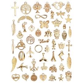 JIALEEY Wholesale Bulk 50PCS Mixed Gold Charms Pendants DIY for Necklace Bracelet Jewelry Making and Crafting