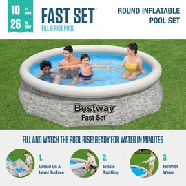 Bestway Fast Set 10' x 26" Inflatable Stacked Stone Design Outdoor Above Ground Backyard Swimming Pool Set with Filter Pump, Gray