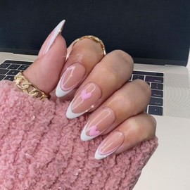 BAOYAALIN Valentines Day Press on Nails Medium Almond Nude Pink French White Fake Nails with Cute Heart Design Full Cover Valentine Acrylic Glue Artificial Press Stick ons Nail for Women 24PCS