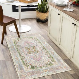 Castage Small Rugs 2x3,Pink Rug for Entryway Bathroom Bedroom Kitchen Entrance Doormat,Boho Vintage Bohemian Distressed Washable Accent Floor Throw Carpet Non Slip,Blush Green