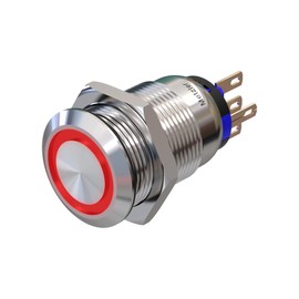 Metzler - Pressure Switch 19mm - LED Ring Lighting Red - IP67 IK10 - Stainless Steel - Flat - Solder Contacts