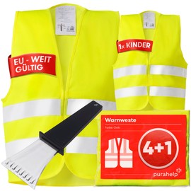 PURAHELP Safety Vests Car Set of 5 4+1 European Valid in Accordance with EN ISO 20471 – Includes Ice Scraper – Reflective Safety Vest Car with Children's Vest – Reflective Safety Vest Car