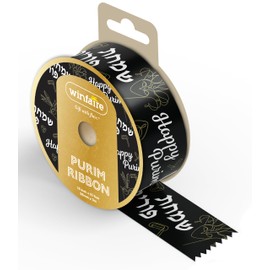 Purim Ribbon for Gift Wrapping - Satin Ribbon 1 1/2 Inch for All Happy Purim Boxes, Purim Gifts and Purim Gift Bags - 1 1/2 Inch x 10 Feet Ribbon for Mishloach Manot Boxes - Black & Gold