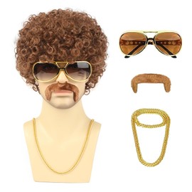 TUOFLY Peluca Marrón Disco Para Hombre Juego De 5 Piezas(Peluca Gafas Collar Bigote Y Gorro) Peluca De Pelo Sintético Rizado Y Esponjoso Natural De Los Años 70 Y 80 Para Halloween Navidad Y F